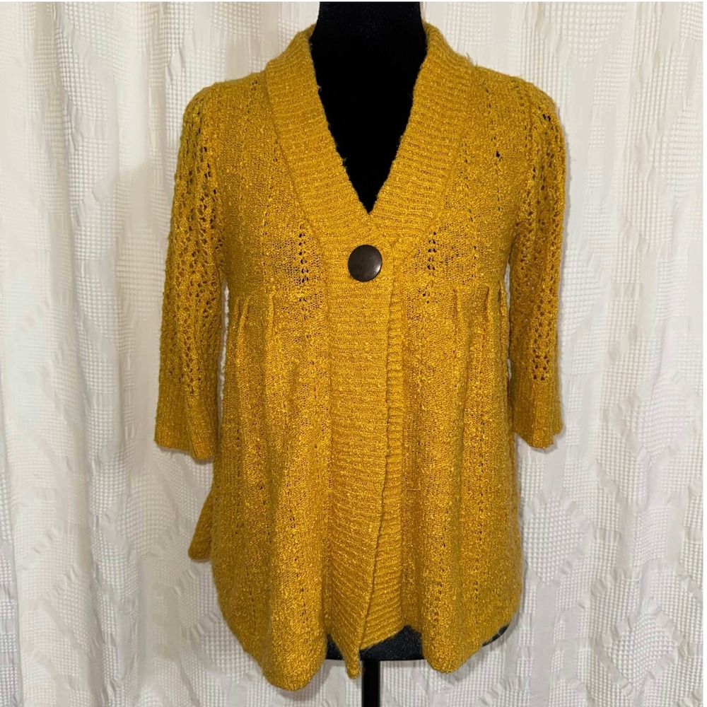 Billabong Cardigan Boho Indie Yellow Earthy Crochet Knit Button 3/4 Sleeve Small